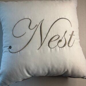 Decorative Fun Embroidered "Nest" Throw Pillow White w/Gold Lettering 15"x15"